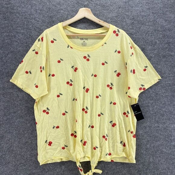 New OnFire T-Shirt Women 3X Plus Yellow Cherry Print Crew Neck Short Sleeve - Picture 3 of 10